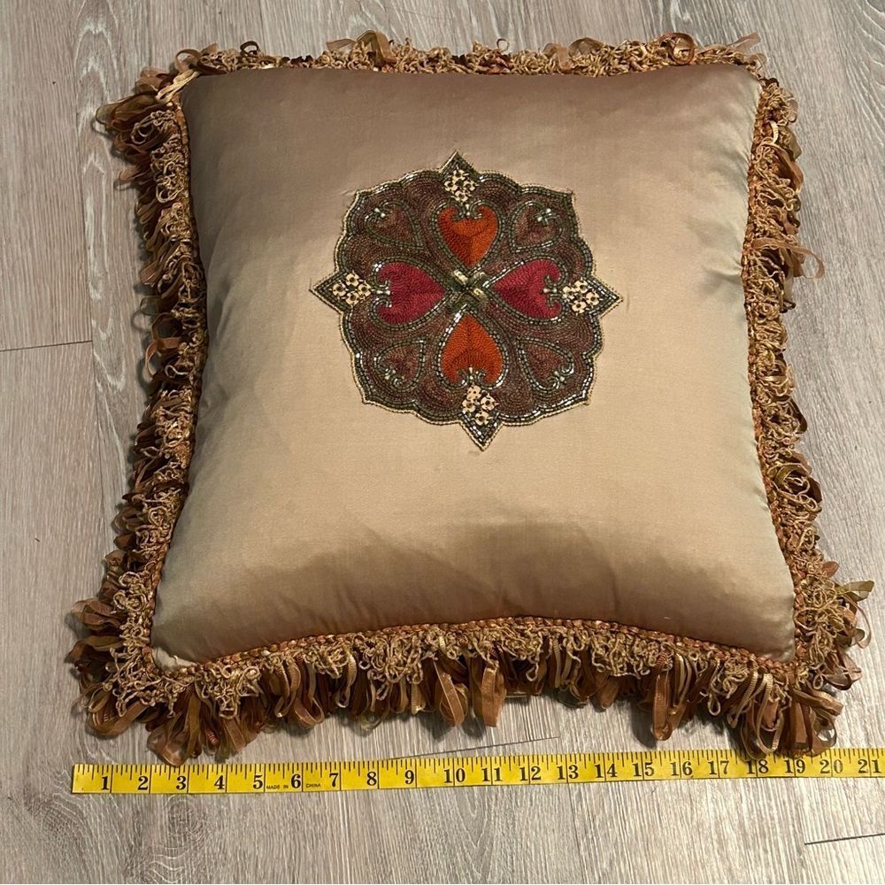 Boho Silk Satin Peach Embroidered Decorative Pillow Fringe Ribbon Down 21 Square - Picture 4 of 9
